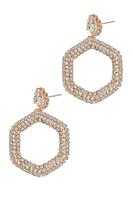 Gold Rhinestone Open Hexagon Earrings