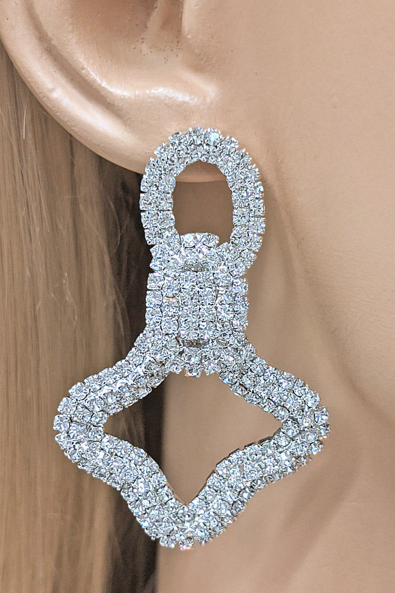 Silver Rhinestone Clover Dangle Earrings