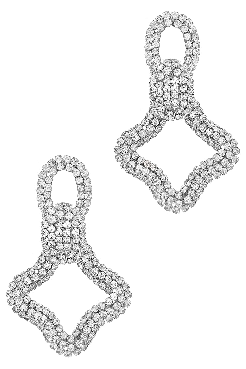 Silver Rhinestone Clover Dangle Earrings