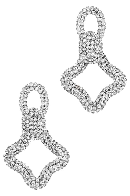 Silver Rhinestone Clover Dangle Earrings