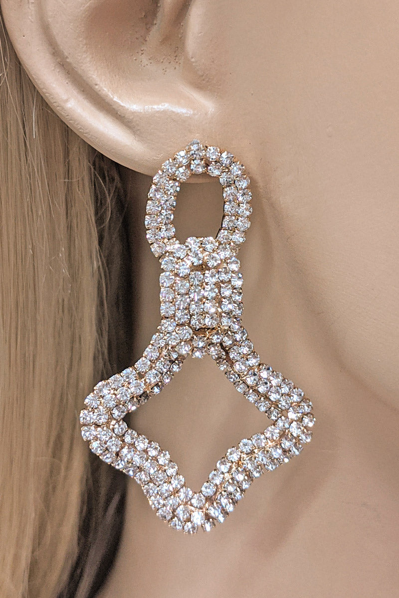 Gold Rhinestone Clover Dangle Earrings