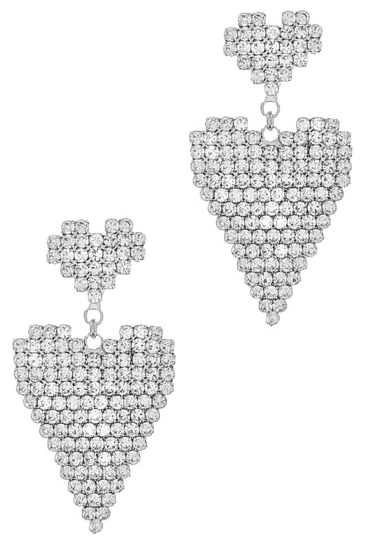Silver Rhinestone Heart Dangle Earrings