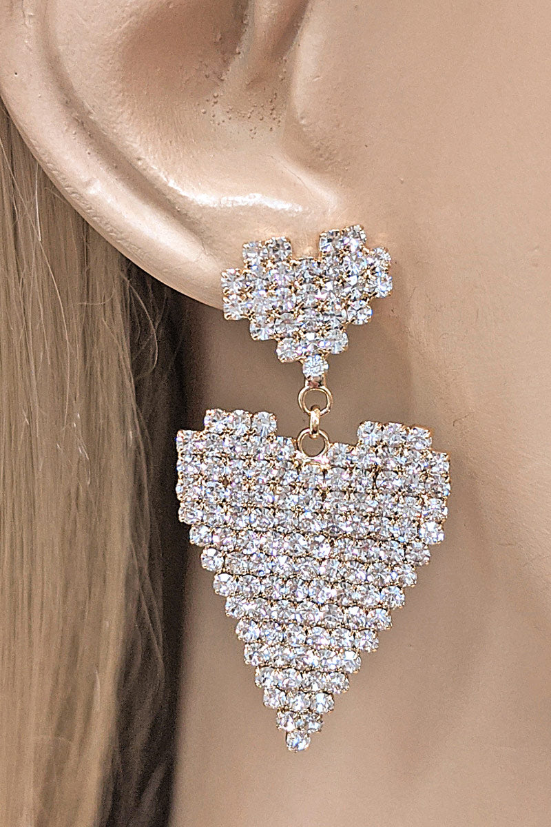 Gold Rhinestone Heart Dangle Earrings