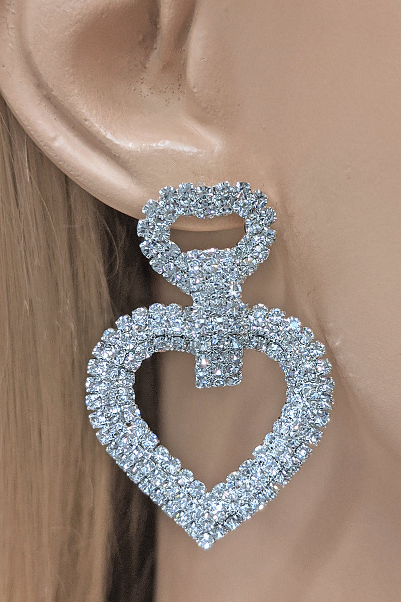 Silver Rhinestone Heart Dangle Earrings