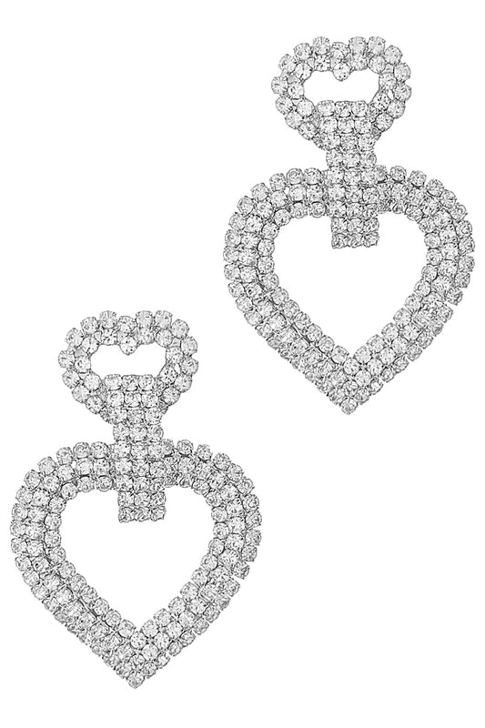 Silver Rhinestone Heart Dangle Earrings