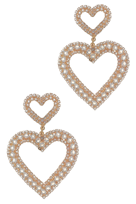 Gold Rhinestone Heart Dangle Earrings