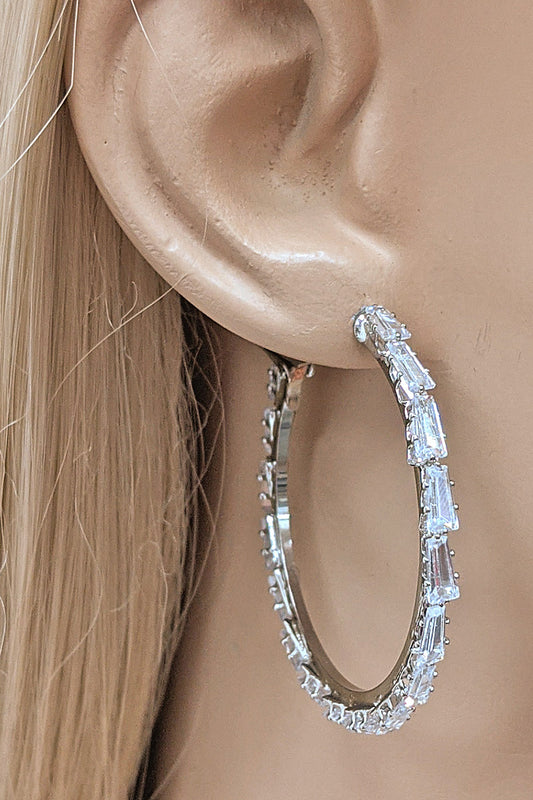 Rhodium Rhinestone Hoop Earring