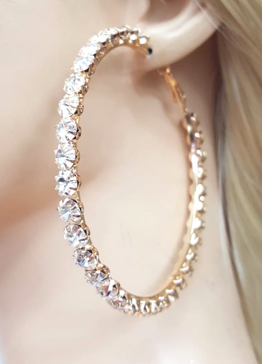 Gold Large Rhinestone Hoop Earrings