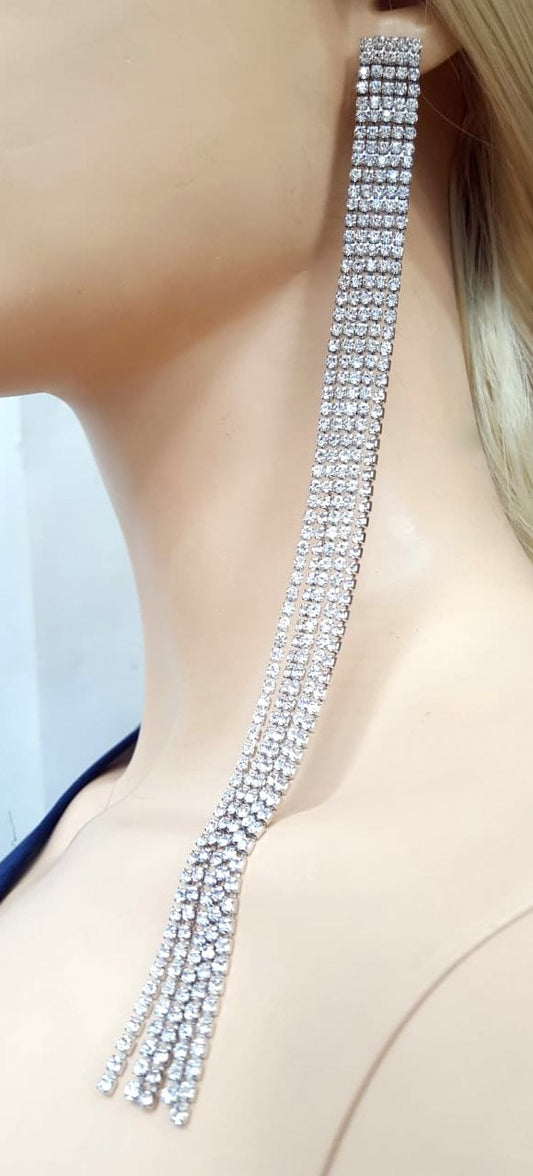 Silver Rhinestone Long Tassel Earrings