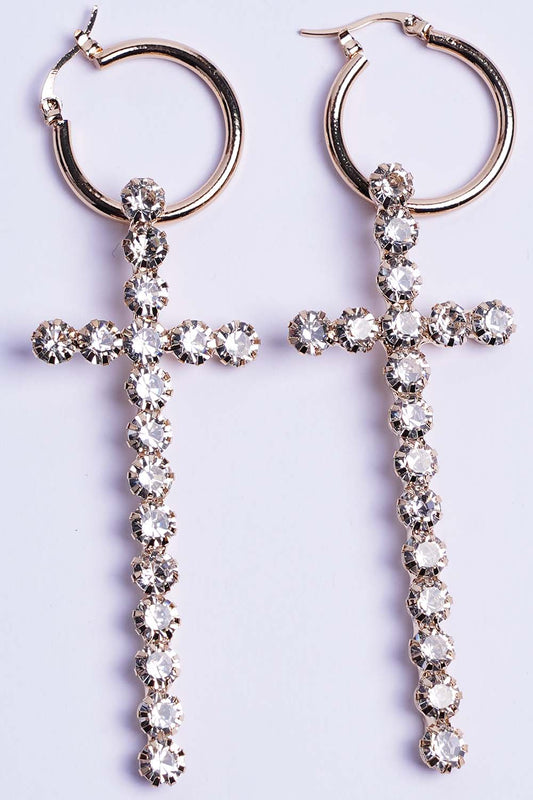 Gold Rhinestone Cross Dangle Earrings