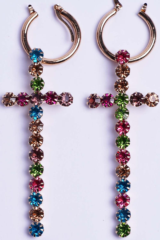 Multi-color Rhinestone Cross Dangle Earrings