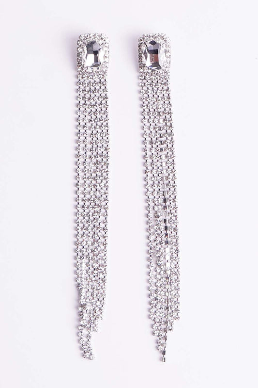 Silver Rhinestone Tassel Earrings