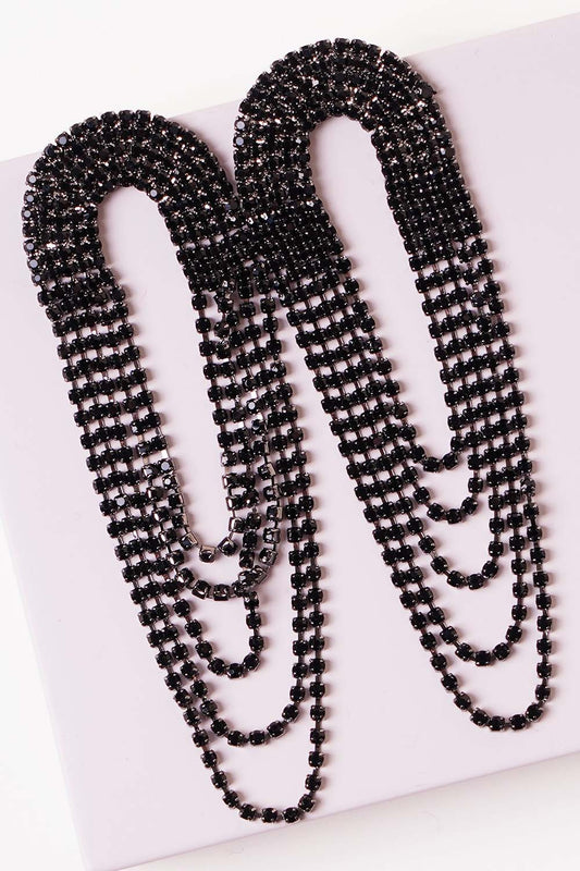 Black Rhinestone Arch Tassel Earrings
