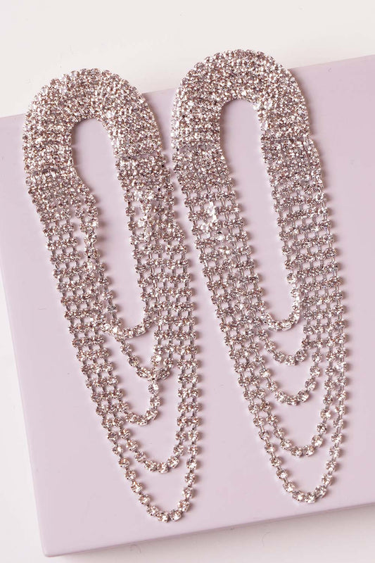 Silver Rhinestone Arch Tassel Earrings