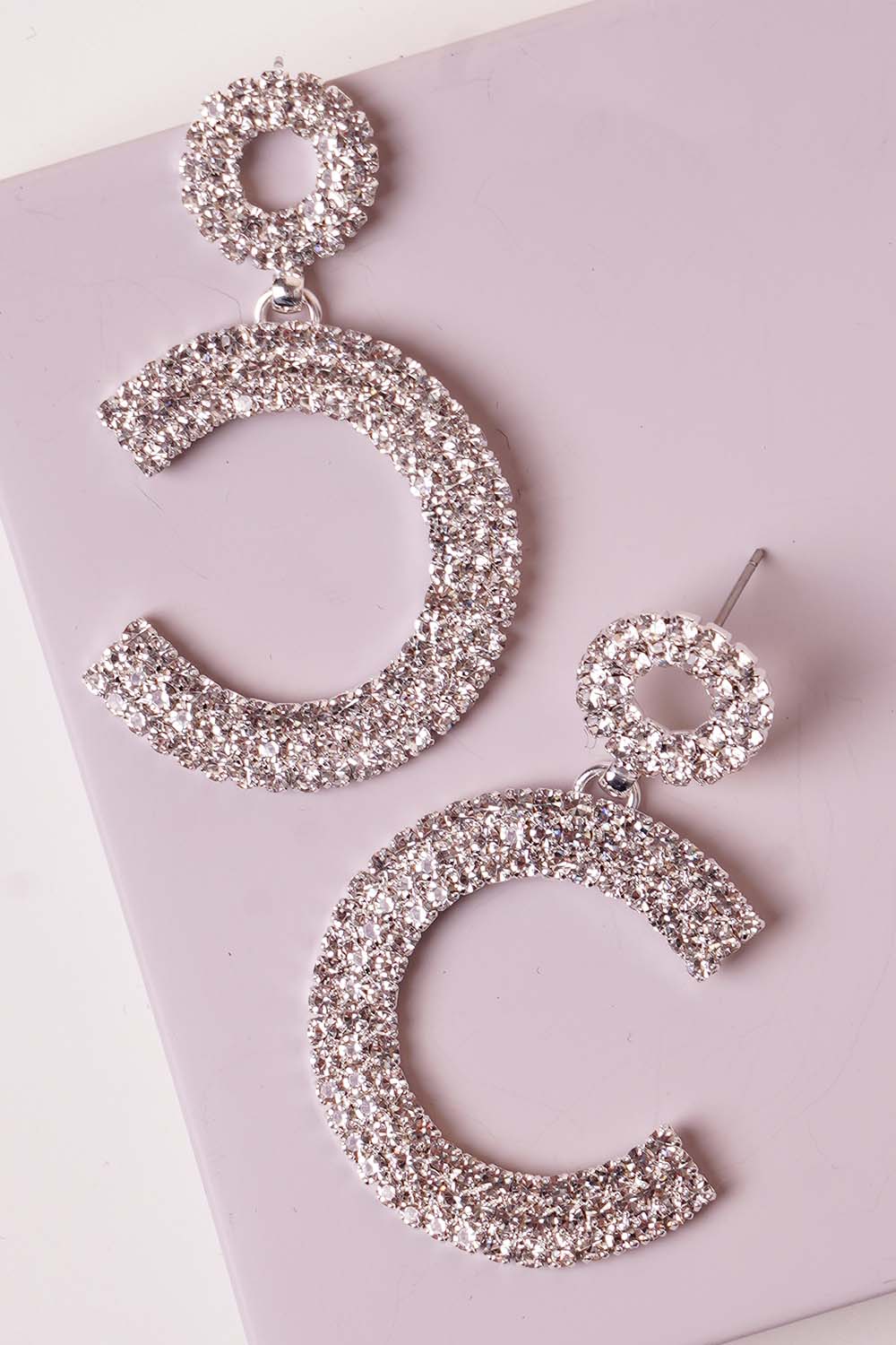 Silver Rhinestone Half Dangle Hoop Earrings