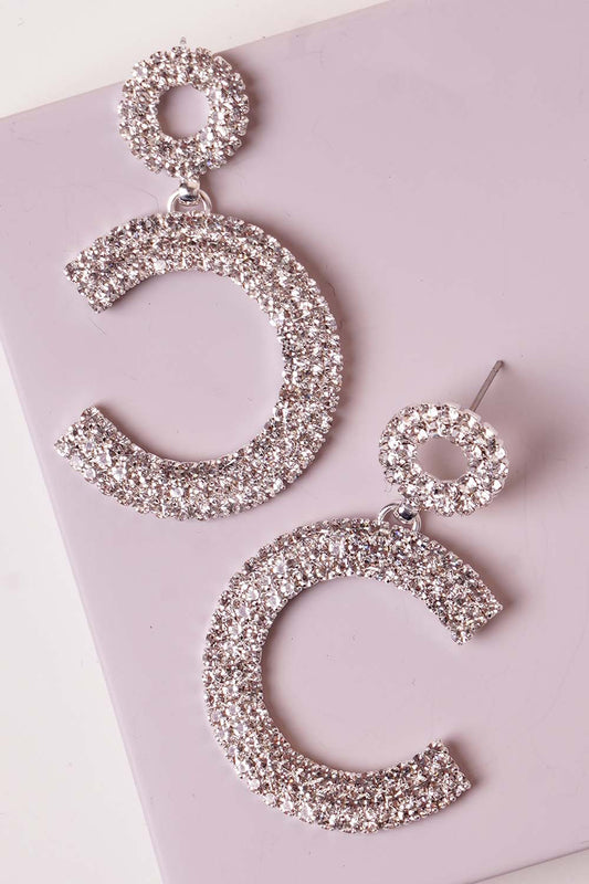 Silver Rhinestone Half Dangle Hoop Earrings