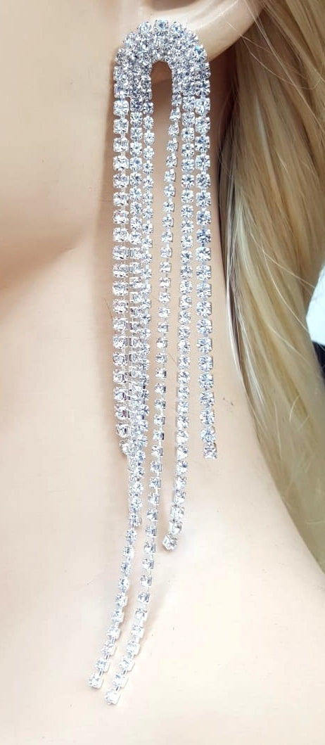 Silver Rhinestone Arch Tassel Earrings