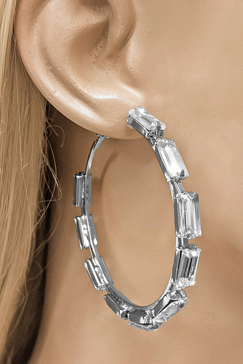 Silver Glass Stones Hoop Earring