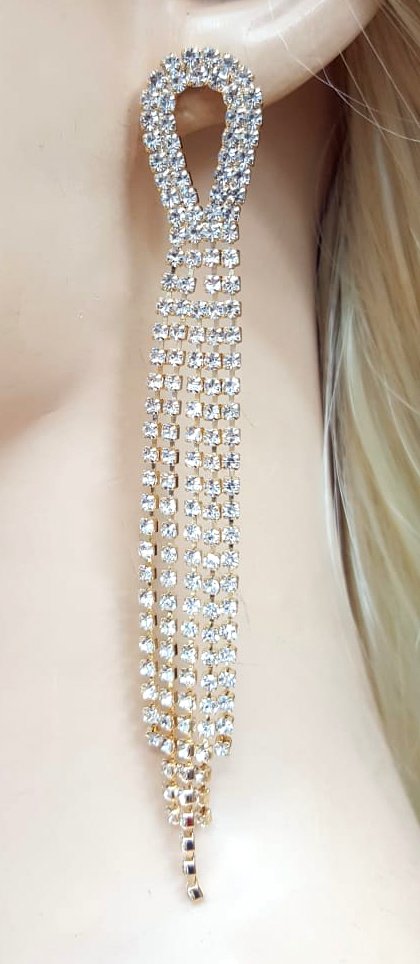 Gold Rhinestone Long Tassel Earrings