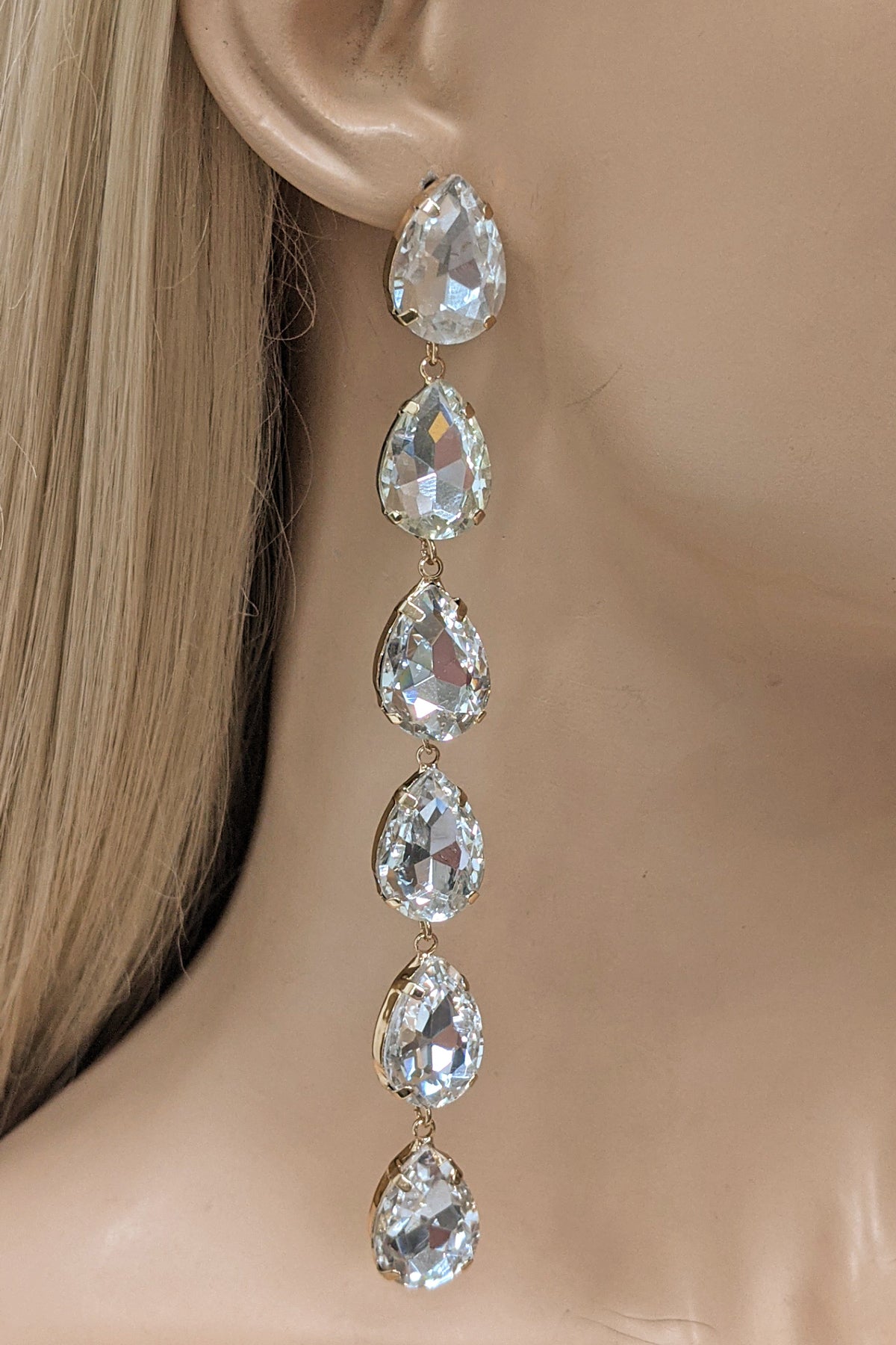 Gold Rhinestone Teardrop Long Dangle Earrings