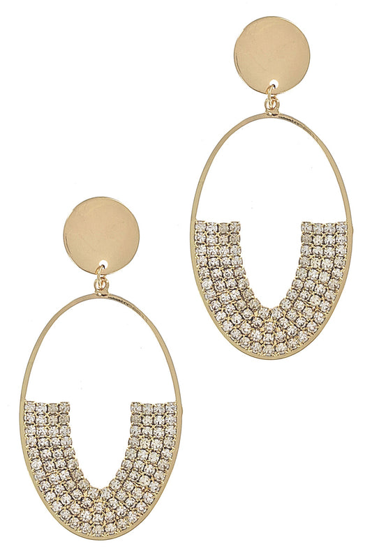 Gold Rhinestone Open Oval Dangle Earrings
