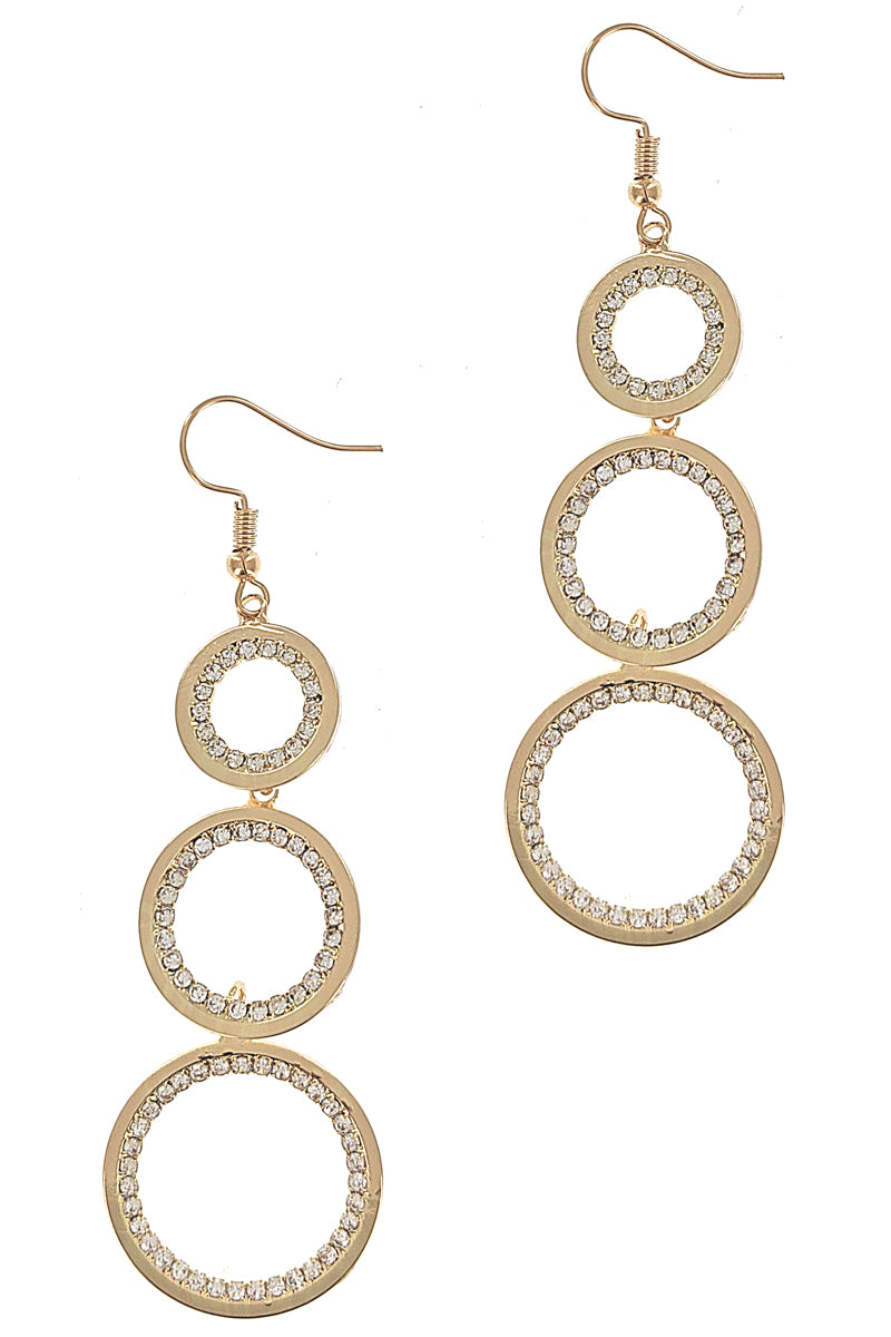 Gold Rhinestone Three Circles Dangle Earrings