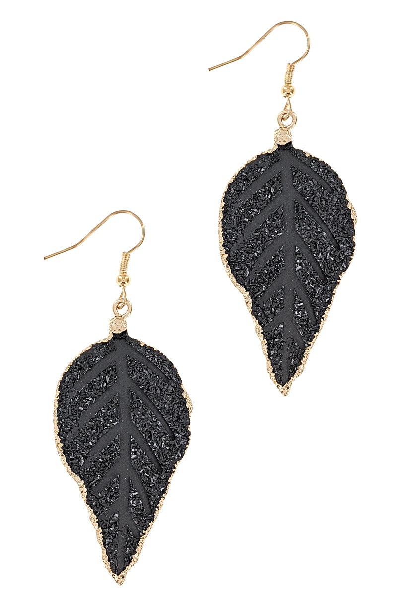 Black Druzy Stone Leaf Earrings