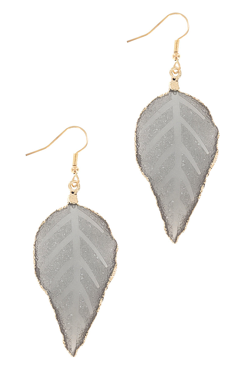 Gray Druzy Stone Leaf Earrings
