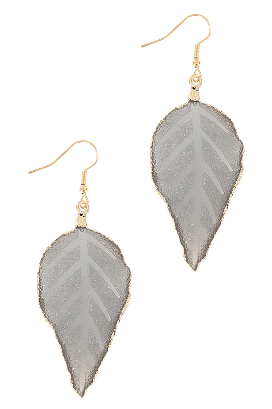 Gray Druzy Stone Leaf Earrings