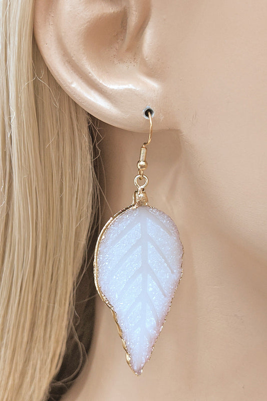 White Druzy Stone Leaf Earrings