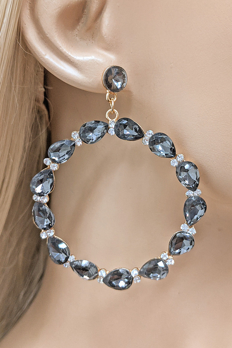 Grey Rhinestone Dangle Hoop Earrings
