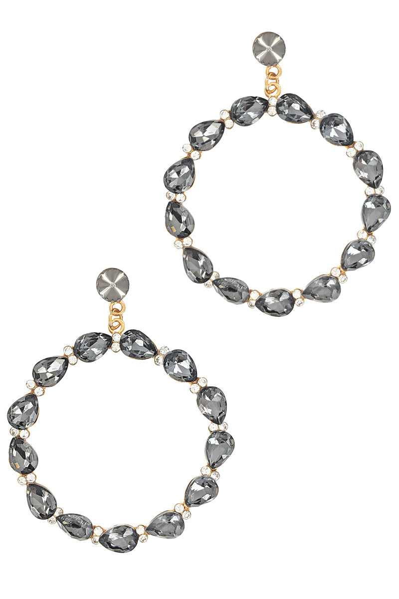 Grey Rhinestone Dangle Hoop Earrings
