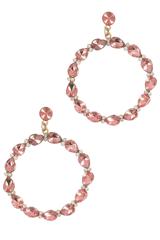 Pink Rhinestone Dangle Hoop Earrings