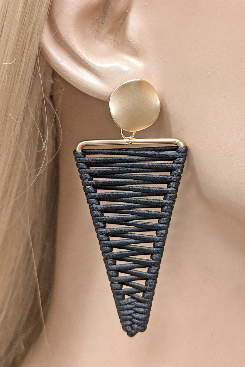 Black Leather Thread Matte Gold Earrings