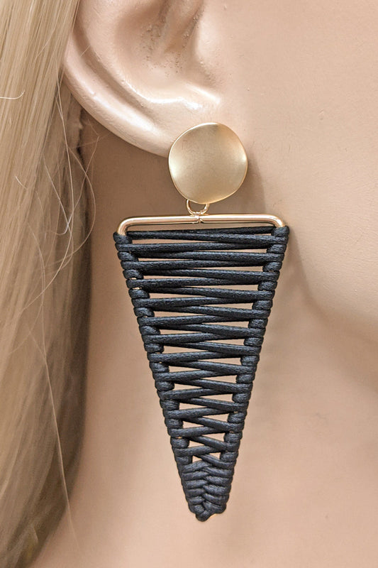 Black Leather Thread Matte Gold Earrings