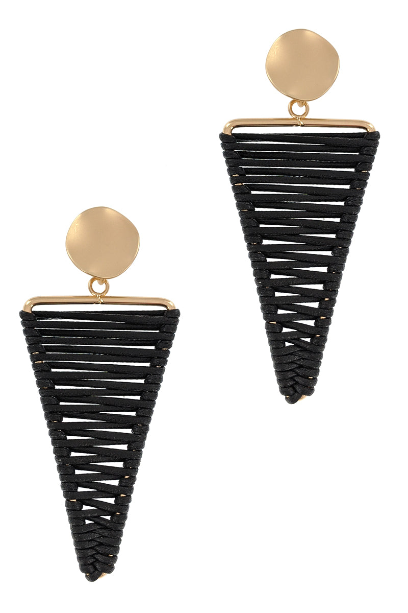 Black Leather Thread Matte Gold Earrings