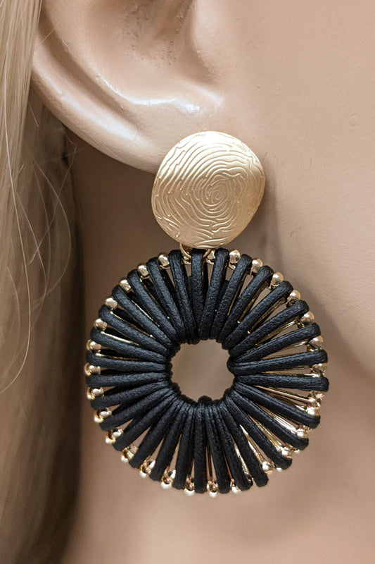 Black Leather Thread Gold Earrings