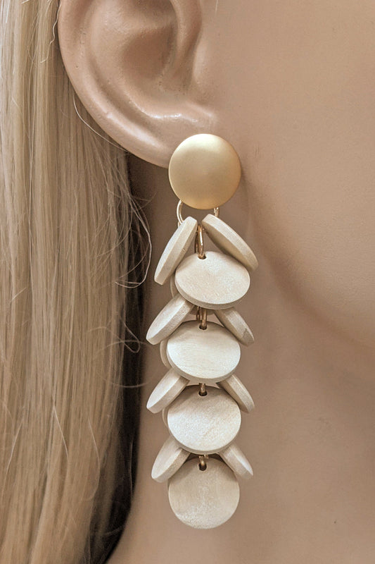 Beige Wood Multi-Circle Drop Earrings