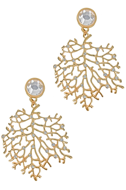 Gold Rhinestone Leaf Dangle Earrings