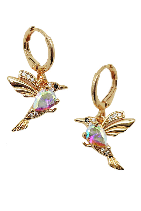 Gold Dipped AB Rhinestone Hummingbird Dangle Earrings