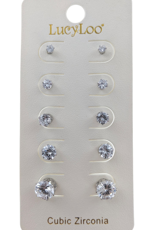 Silver 5-Pair Stud Cubic Zirconia Earrings