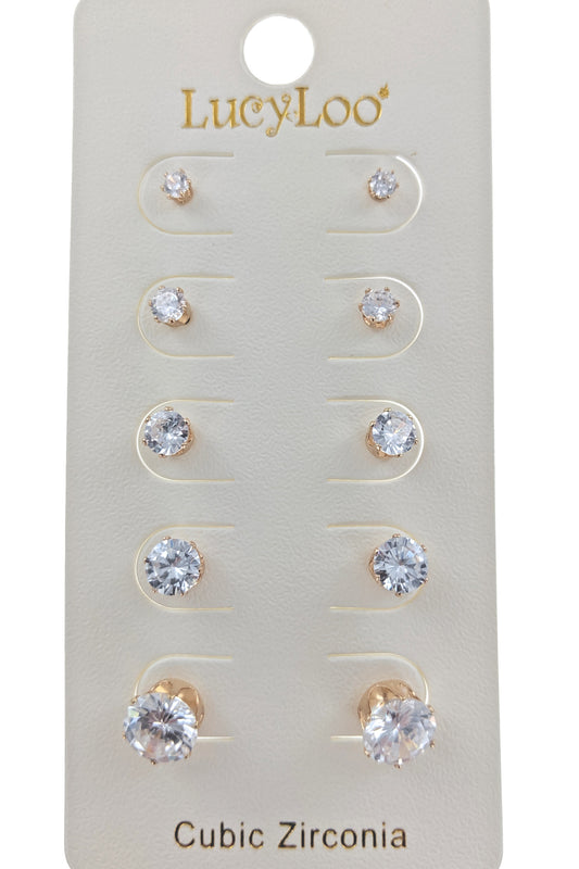 Gold 5-pair Cubic Zirconia Stud Earrings