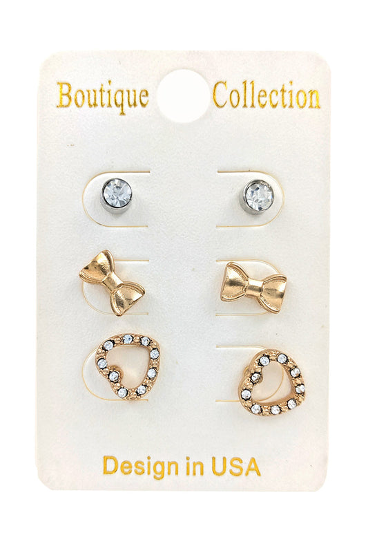 3-Pairs Gold Heart and Bow Earrings
