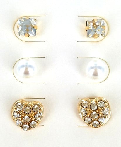 3-Pair Gold Heart Earrings