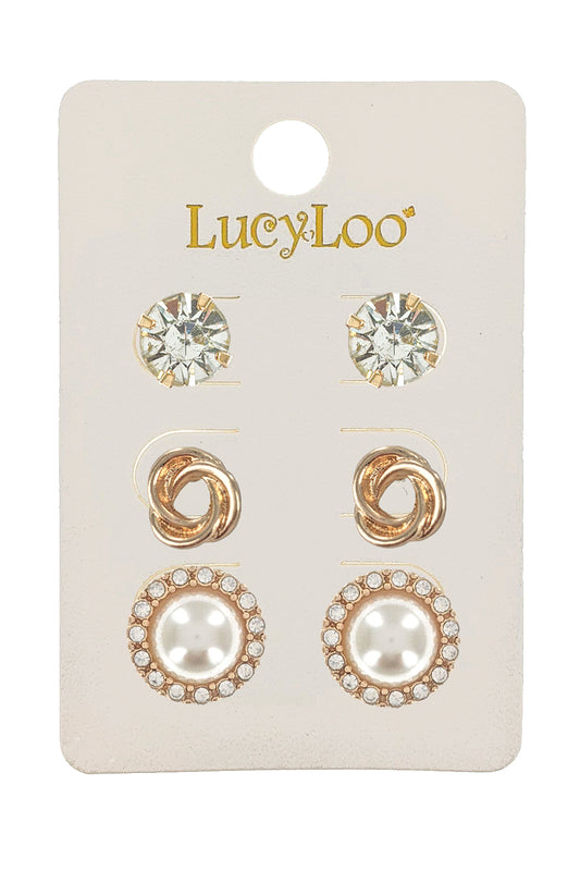 3-Pair Gold Pearl Stud Earrings
