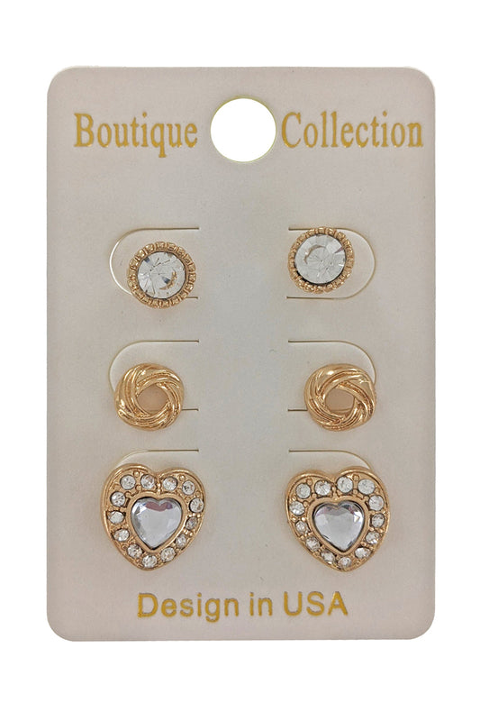 3-Pair Gold Heart Earrings