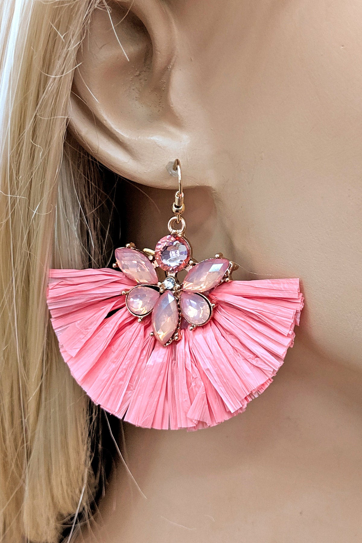 Pink Raffia Stone Earrings