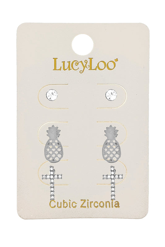 3-pair Pineapple, Cross & Stud Earring