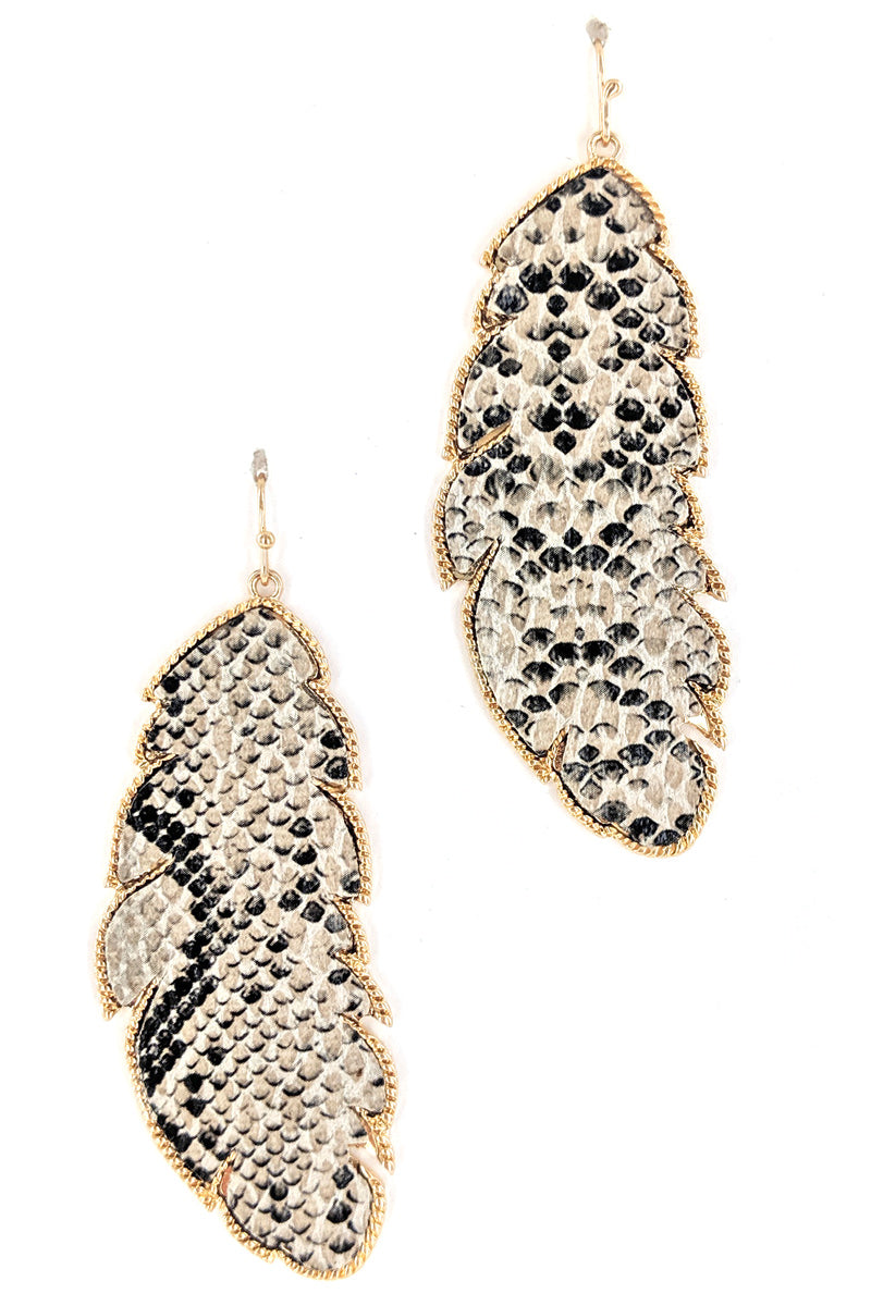Dark Animal Print Faux Leather Leaf Earrings