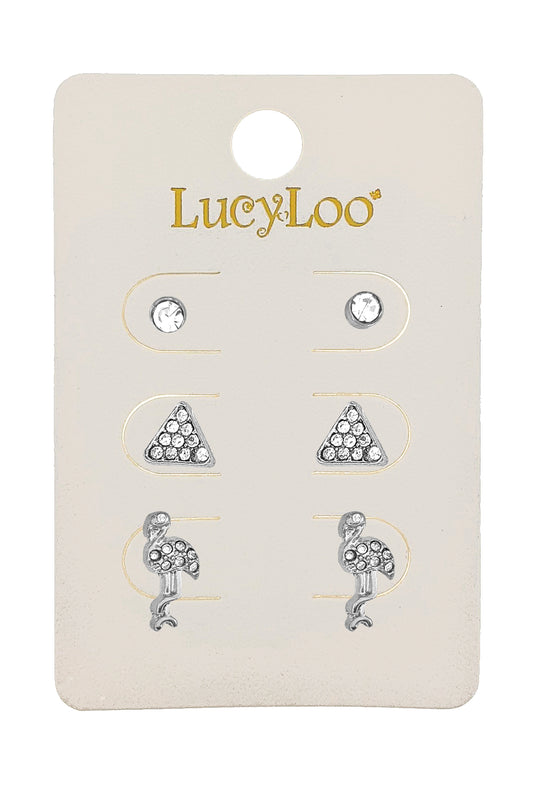 3-pair Silver Flamingo Stud Earrings